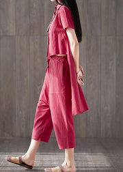 2019 casual two pieces women red asymmetric lapel tops and pockets harem pants - SooLinen