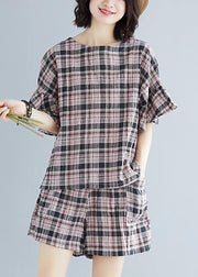 2019 fashion plue size Plaid cotton linen tops and hot pants two pieces summer - SooLinen