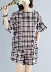 2019 fashion plue size Plaid cotton linen tops and hot pants two pieces summer - SooLinen