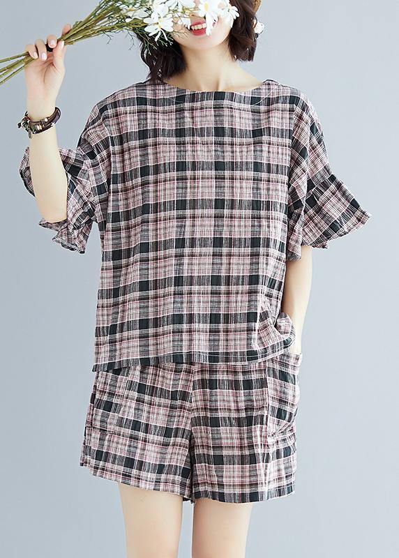 2019 fashion plue size Plaid cotton linen tops and hot pants two pieces summer - SooLinen