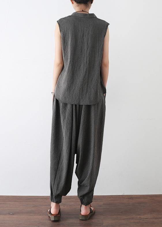 2019 gray casual cotton linen two pieces sleeveless tops and casual pants - SooLinen