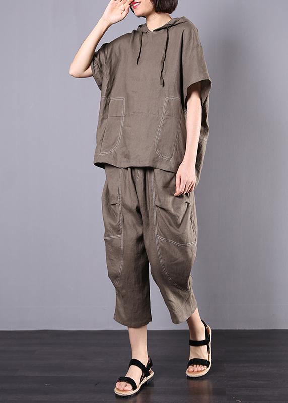 2019 gray cotton linen loose hooded tops and women harem pants two pieces - SooLinen