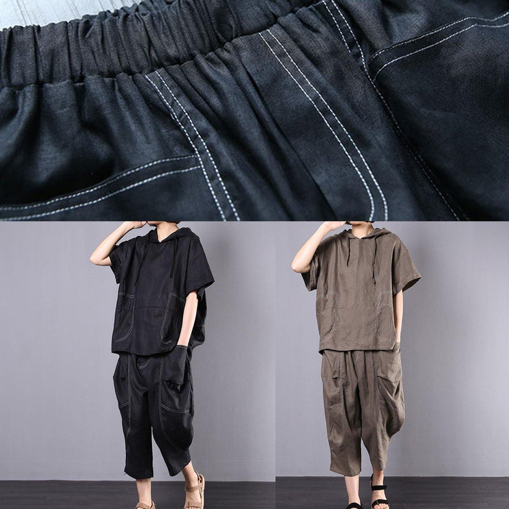 2019 gray cotton linen loose hooded tops and women harem pants two pieces - SooLinen