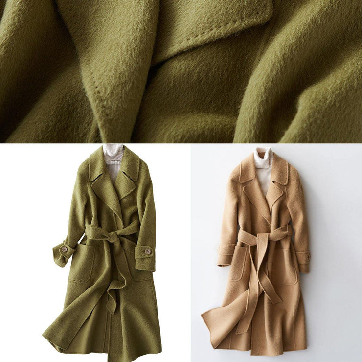 2019 green Wool jackets plus size long winter coat lapel collar women coats tie waist - SooLinen