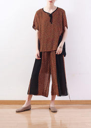 2019 khaki casual two pieces chiffon dotted tops and patchwork wide leg pants - SooLinen