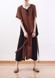 2019 khaki casual two pieces chiffon dotted tops and patchwork wide leg pants - SooLinen