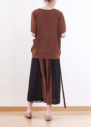 2019 khaki casual two pieces chiffon dotted tops and patchwork wide leg pants - SooLinen