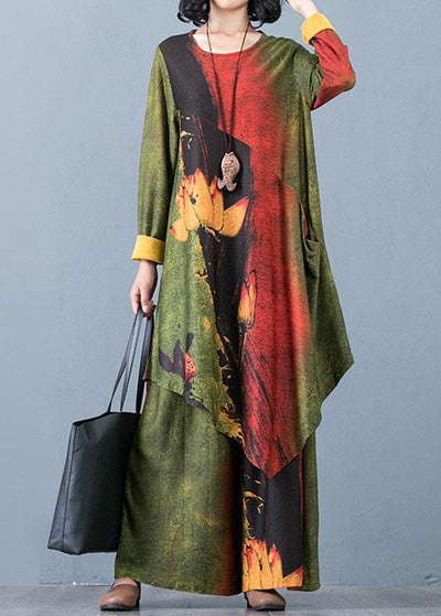 2019 large size women's knitted irregular long section top loose wide leg pants green printed two-piece suit - SooLinen