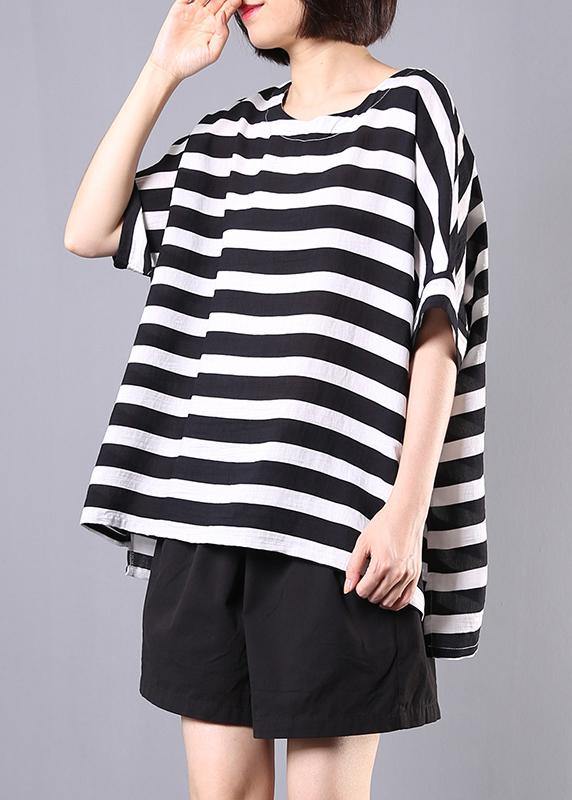 2019 new cotton blended black striped short sleeve pullover with elastic waist short two pieces - SooLinen