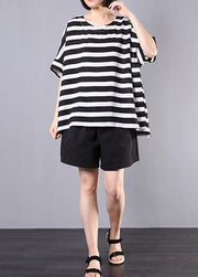 2019 new cotton blended black striped short sleeve pullover with elastic waist short two pieces - SooLinen