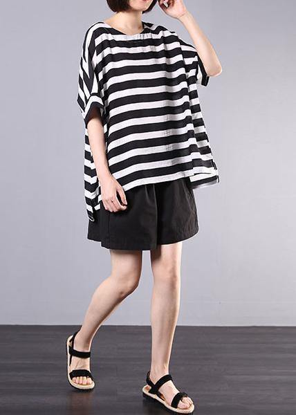 2019 new cotton blended black striped short sleeve pullover with elastic waist short two pieces - SooLinen