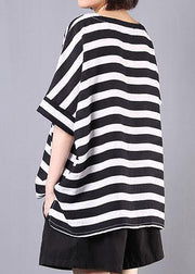 2019 new cotton blended black striped short sleeve pullover with elastic waist short two pieces - SooLinen