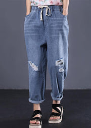 2019 new denim blue plus size pants elastic waist drawstring ripped Jeans - SooLinen