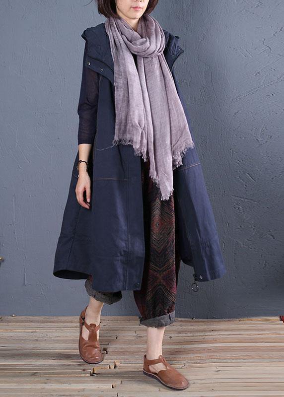 2019 oversize long coat fall blue hooded sleeveless jackets - SooLinen