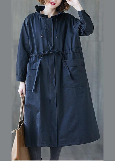 2019 Plus Size Fall Navy Ruffled Drawstring Zippered Coats - SooLinen