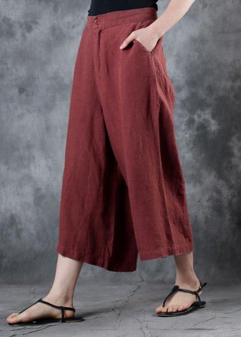 2019 red loose linen pants fall women pockets wide leg pants - SooLinen