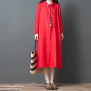 2024 spring new red linen shirt dress casual plus size long sleeve maxi dress