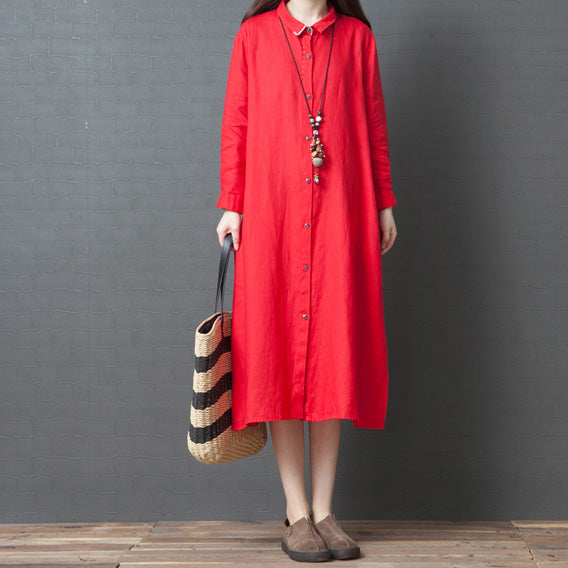 2024 spring new red linen shirt dress casual plus size long sleeve maxi dress