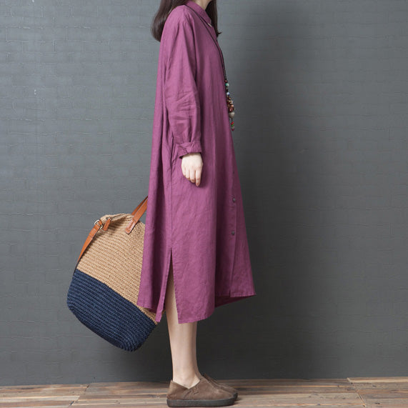 2024 spring new red linen shirt dress casual plus size long sleeve maxi dress