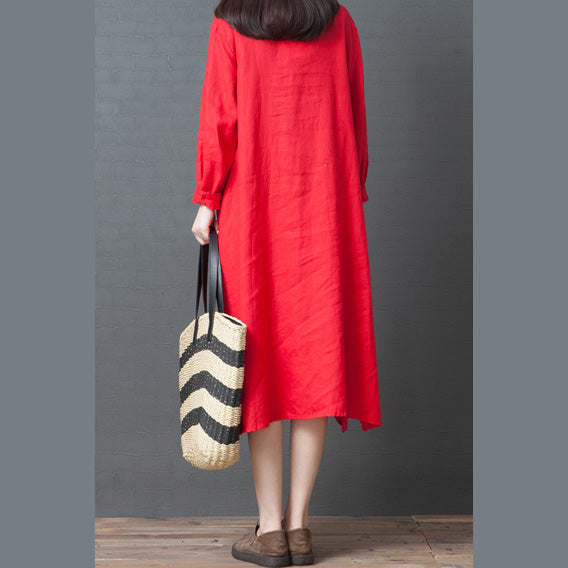 2024 spring new red linen shirt dress casual plus size long sleeve maxi dress