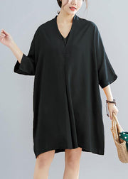 2019 summer new chiffon v neck women half sleeve black dress - SooLinen