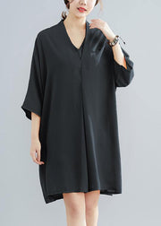 2019 summer new chiffon v neck women half sleeve black dress - SooLinen