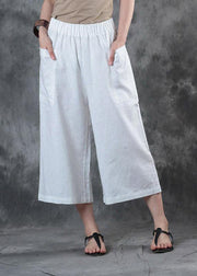 2019 women linen pants loose elastic waist crop white pants - SooLinen