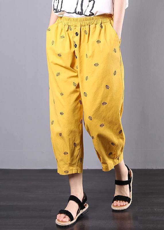 2019 yellow embroidery loose elastic waist pants - SooLinen