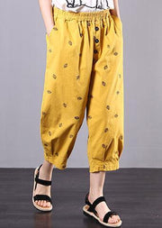 2019 yellow embroidery loose elastic waist pants - SooLinen