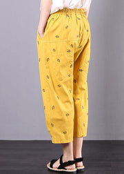 2019 yellow embroidery loose elastic waist pants - SooLinen