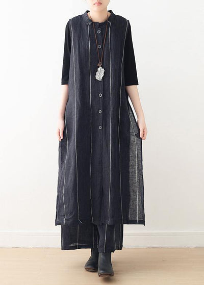 2021 Original Design Dark Blue Striped Cotton Linen Long Cardigan Wide Leg Pants Two Piece Set - SooLinen