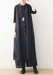 2021 Original Design Dark Blue Striped Cotton Linen Long Cardigan Wide Leg Pants Two Piece Set - SooLinen