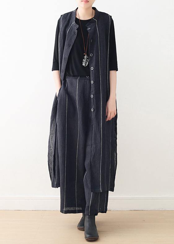 2021 Original Design Dark Blue Striped Cotton Linen Long Cardigan Wide Leg Pants Two Piece Set - SooLinen