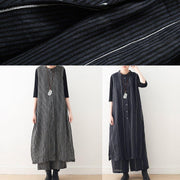 2021 Original Design Dark Blue Striped Cotton Linen Long Cardigan Wide Leg Pants Two Piece Set - SooLinen