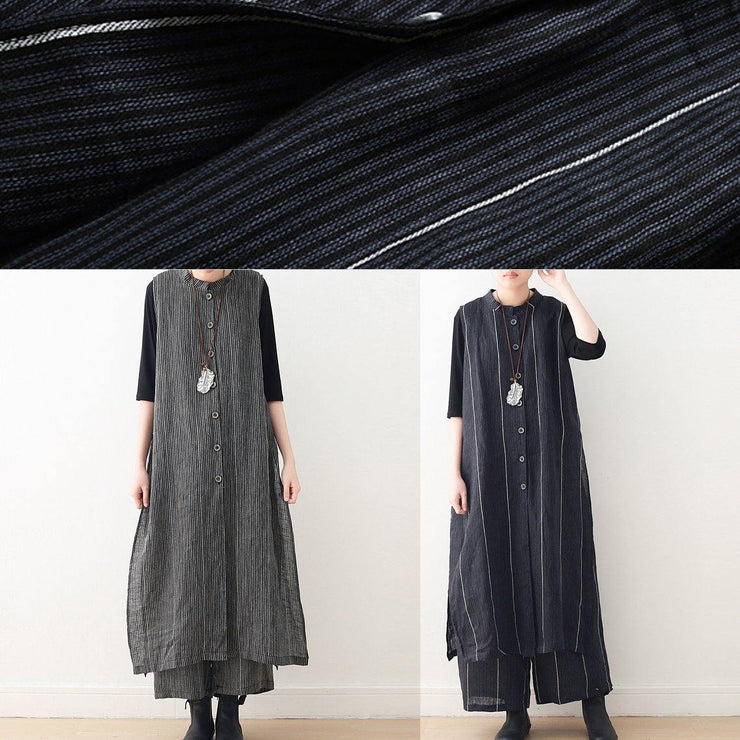 2021 Original Design Dark Blue Striped Cotton Linen Long Cardigan Wide Leg Pants Two Piece Set - SooLinen