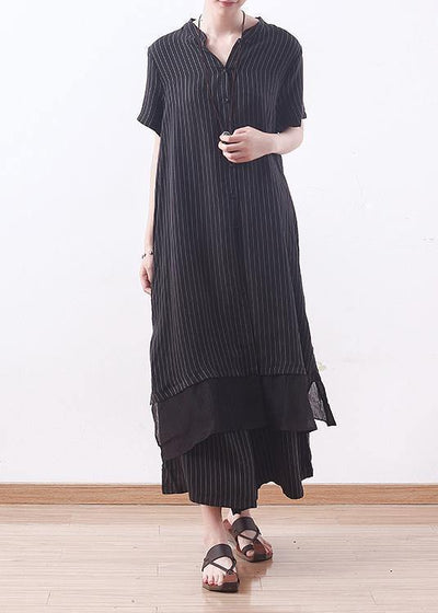 2021 copper ammonia silk stitching chiffon black striped shirt wide leg pants casual suit - SooLinen