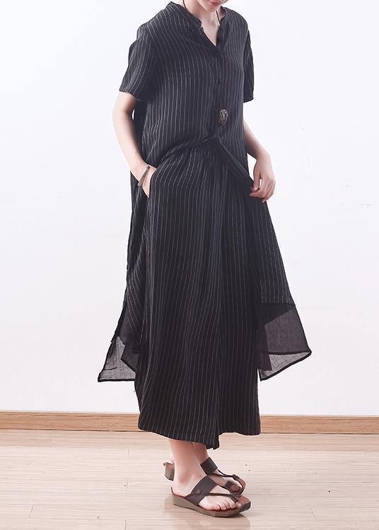 2021 copper ammonia silk stitching chiffon black striped shirt wide leg pants casual suit - SooLinen