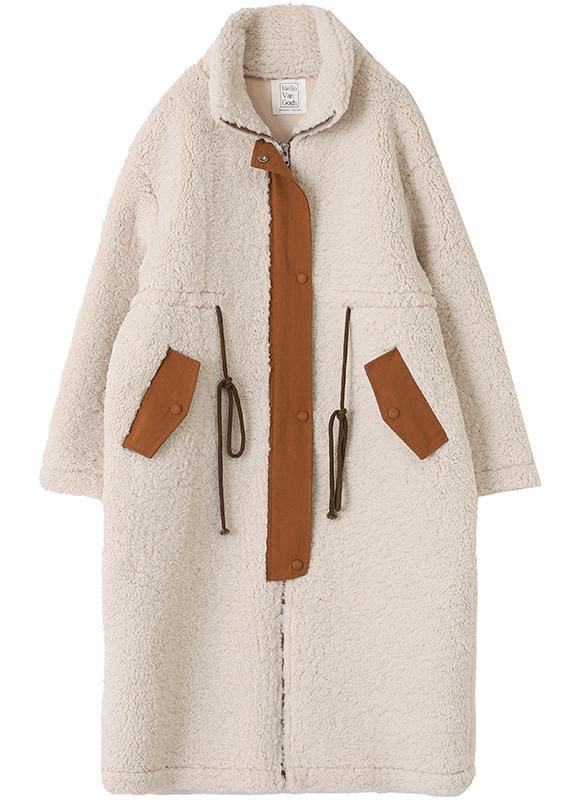 2021 nude Woolen Coats plus size winter coat high neck drawstring jackets - SooLinen