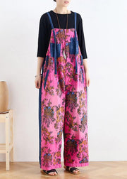 2021 retro national style rose printed loose denim overalls - SooLinen