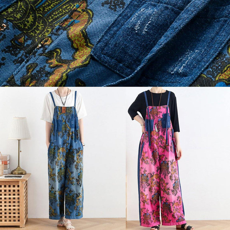 2021 retro national style rose printed loose denim overalls - SooLinen