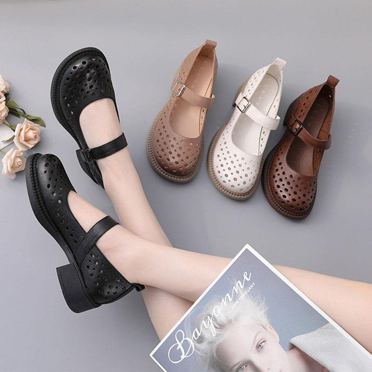 2021 Chocolate Hollow Out Flat Feet Shoes Genuine Leather - SooLinen