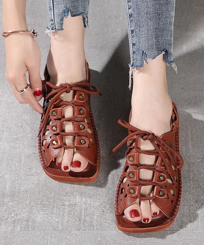 2021 Chocolate Lace Up Flat Sandals Cowhide Leather - SooLinen