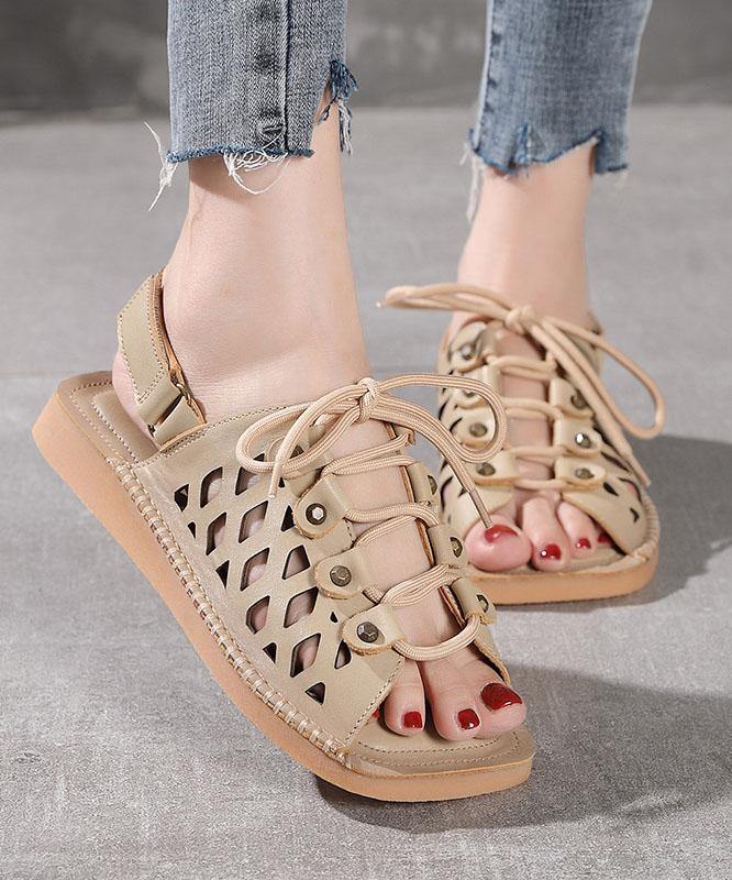 2021 Chocolate Lace Up Flat Sandals Cowhide Leather - SooLinen