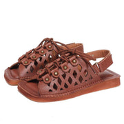 2021 Chocolate Lace Up Flat Sandals Cowhide Leather - SooLinen