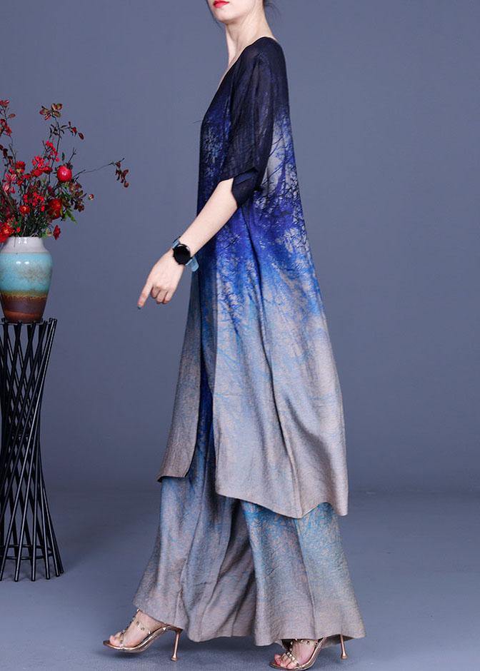 2021 Print Gradient Top + Wide Leg Pants Two Piece Set - SooLinen