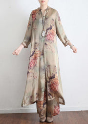 2021 Spring Loose Print Silk Satin Split Long Sleeve Shirt + Wide Leg Pants - SooLinen