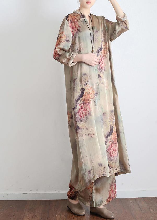 2021 Spring Loose Print Silk Satin Split Long Sleeve Shirt + Wide Leg Pants - SooLinen