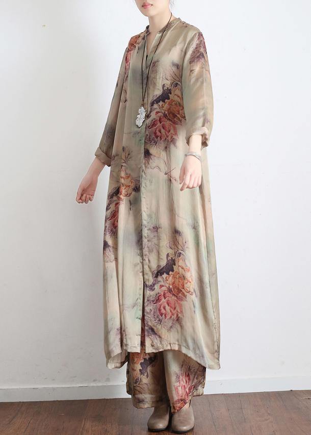 2021 Spring Loose Print Silk Satin Split Long Sleeve Shirt + Wide Leg Pants - SooLinen