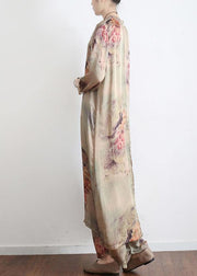 2021 Spring Loose Print Silk Satin Split Long Sleeve Shirt + Wide Leg Pants - SooLinen