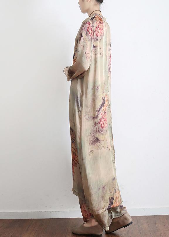 2021 Spring Loose Print Silk Satin Split Long Sleeve Shirt + Wide Leg Pants - SooLinen